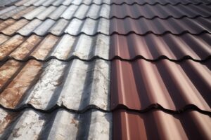 A before and after picture of a rustry metal roof versus a new metal roof