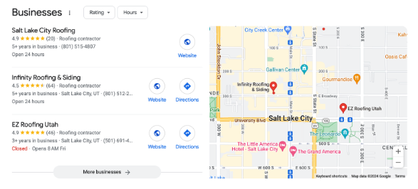 A local SEO map pack on Google for roofing companies in Utah