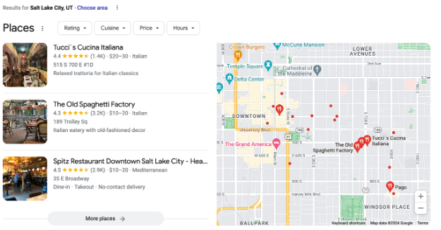 Local SEO on Google results page for restaurants